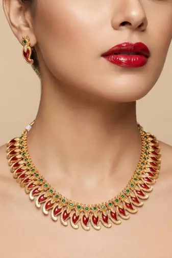 Handcrafted traditional gold plated red mango malai necklace set - ethnic kemp jewelry for weddings & festivals