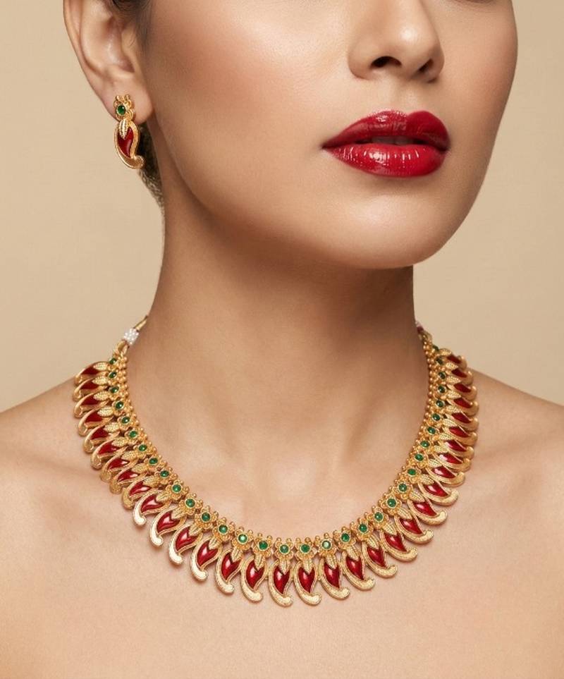 Handcrafted traditional gold plated red mango malai necklace set - ethnic kemp jewelry for weddings & festivals