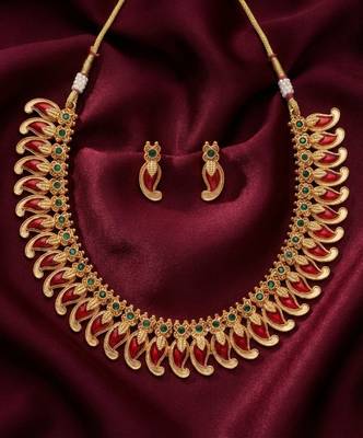 Handcrafted traditional gold plated red mango malai Necklace :: set - ethnic kemp jewelry for weddings & festivals 2