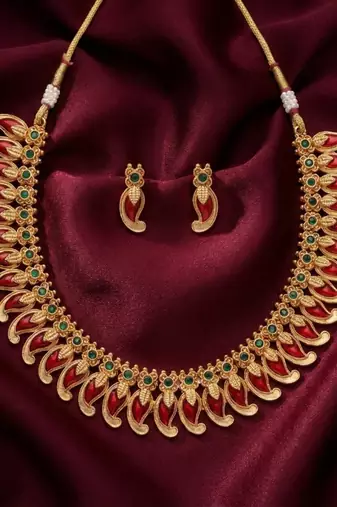 Handcrafted traditional gold plated red mango malai Necklace :: set - ethnic kemp jewelry for weddings & festivals