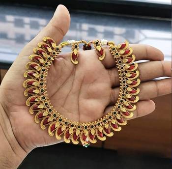 Handcrafted traditional gold plated red mango malai Necklace :: set - ethnic kemp jewelry for weddings & festivals 3