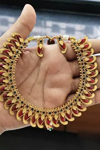 Handcrafted traditional gold plated red mango malai Necklace :: set - ethnic kemp jewelry for weddings & festivals