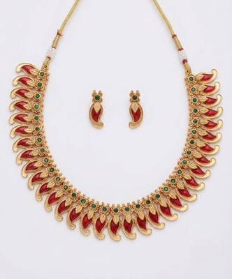 Handcrafted traditional gold plated red mango malai Necklace :: set - ethnic kemp jewelry for weddings & festivals 4