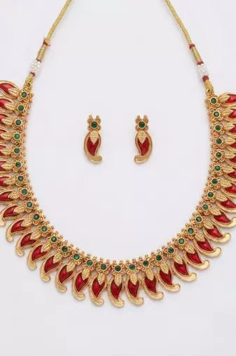 Handcrafted traditional gold plated red mango malai Necklace :: set - ethnic kemp jewelry for weddings & festivals