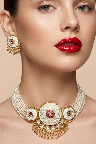 Handcrafted gold plated pearl choker necklace set with white meenakari & kundan work – traditional ethnic jewelry