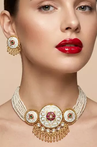 Handcrafted gold plated pearl choker necklace set with white meenakari & kundan work – traditional ethnic jewelry