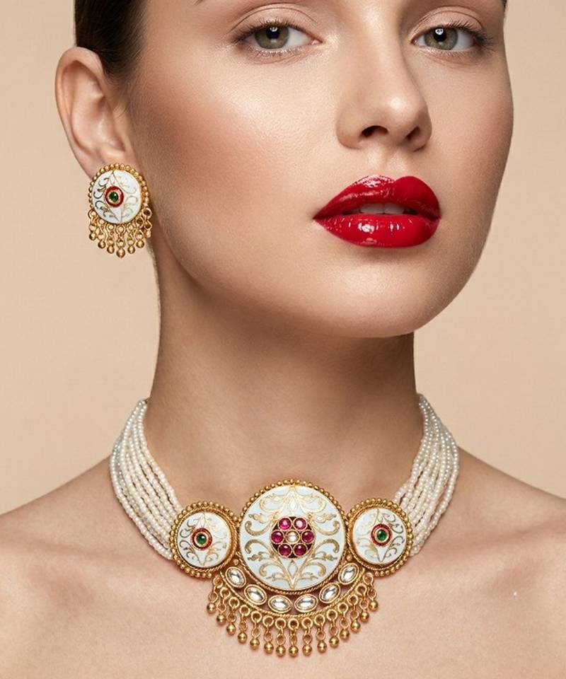 Handcrafted gold plated pearl choker necklace set with white meenakari & kundan work – traditional ethnic jewelry