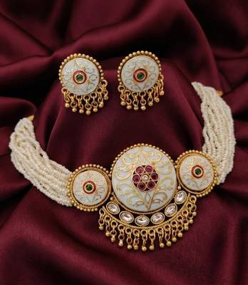 Handcrafted gold plated pearl choker Necklace :: set with white meenakari & kundan work     traditional ethnic jewelry 3