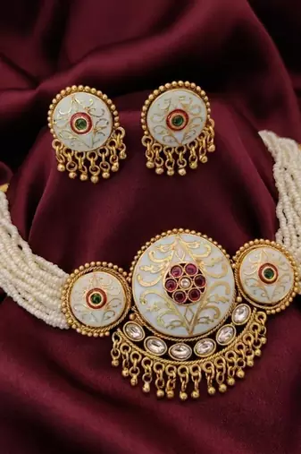 Handcrafted gold plated pearl choker Necklace :: set with white meenakari & kundan work     traditional ethnic jewelry