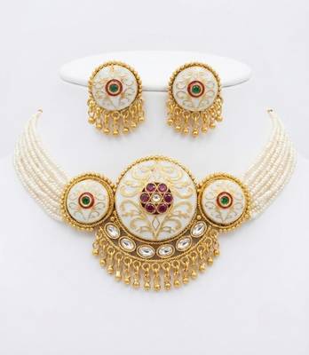 Handcrafted gold plated pearl choker Necklace :: set with white meenakari & kundan work     traditional ethnic jewelry 4