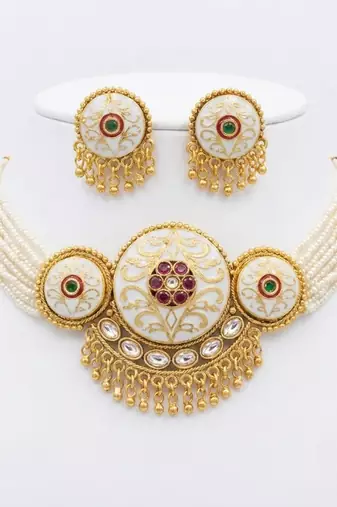 Handcrafted gold plated pearl choker Necklace :: set with white meenakari & kundan work     traditional ethnic jewelry