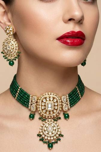 Elegant green kundan choker necklace set | gold-plated handcrafted indian ethnic jewelry for weddings & festivals