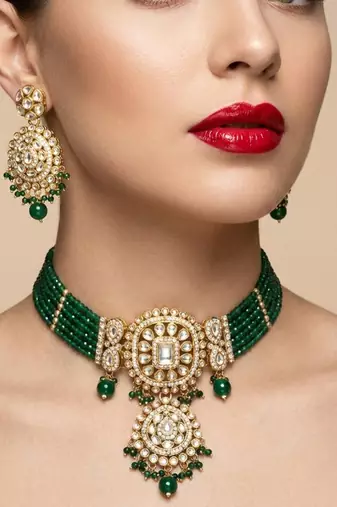 Elegant green kundan choker necklace set | gold-plated handcrafted indian ethnic jewelry for weddings & festivals
