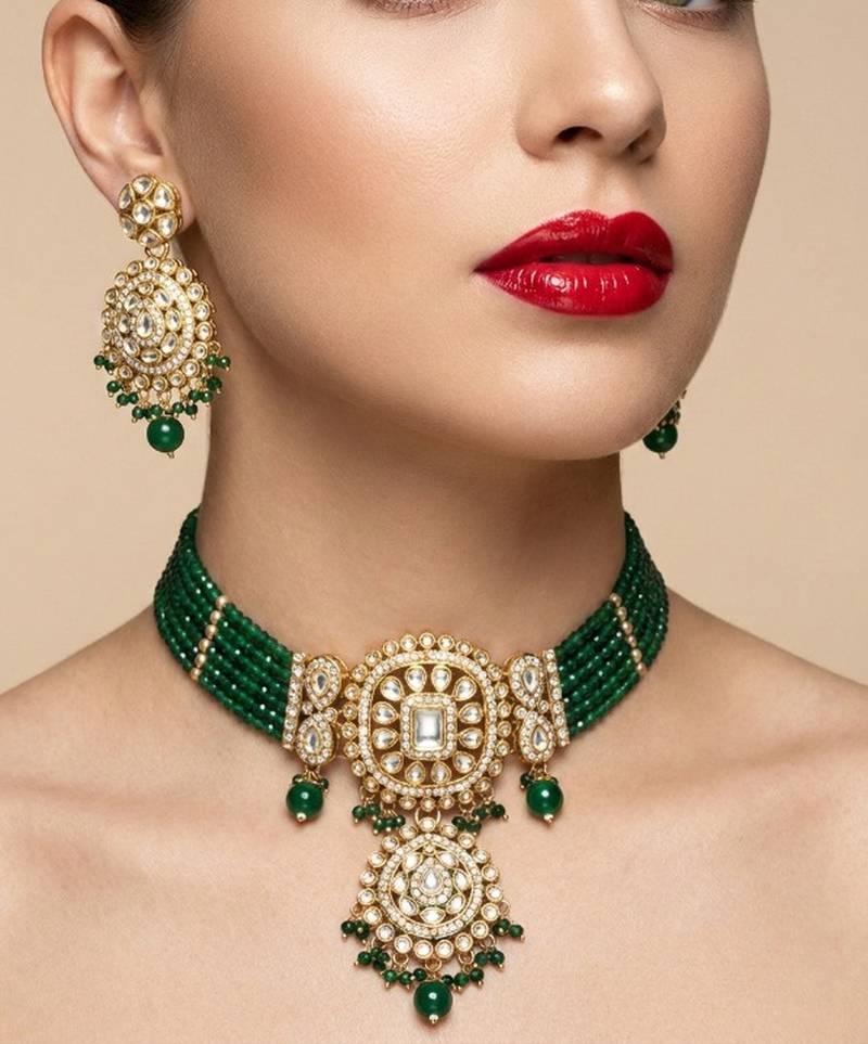 Elegant green kundan choker necklace set | gold-plated handcrafted indian ethnic jewelry for weddings & festivals