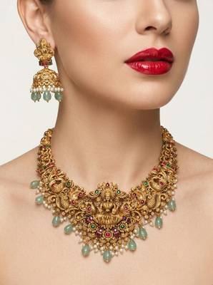 Handcrafted lakshmi temple jewellery set - antique gold plated Necklace :: & jhumka earrings for weddings 1