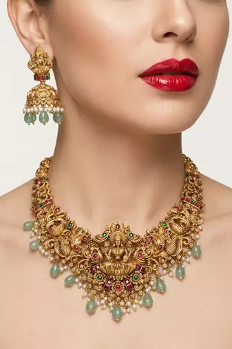 Handcrafted lakshmi temple jewellery set - antique gold plated necklace & jhumka earrings for weddings