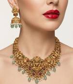 Handcrafted lakshmi temple jewellery set - antique gold plated Necklace :: & jhumka earrings for weddings