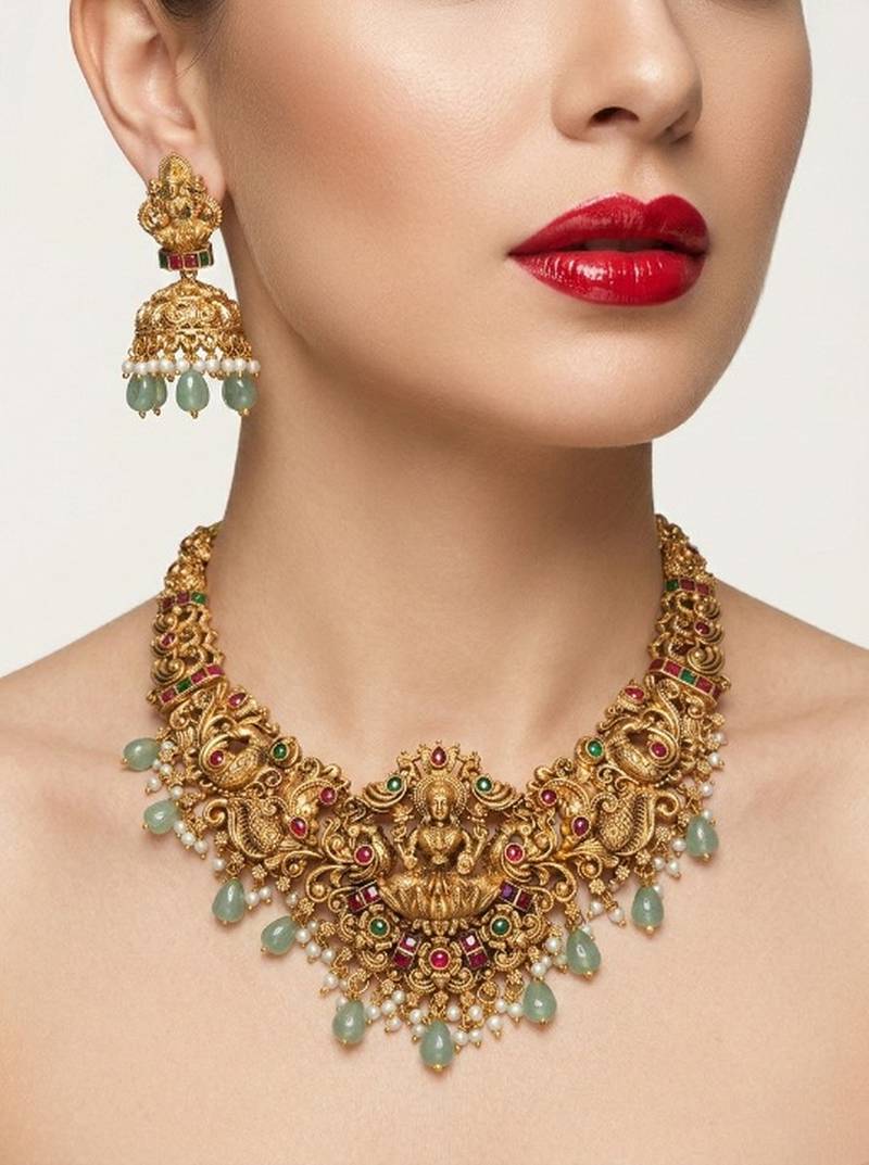 Handcrafted lakshmi temple jewellery set - antique gold plated necklace & jhumka earrings for weddings