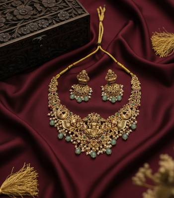 Handcrafted lakshmi temple jewellery set - antique gold plated Necklace :: & jhumka earrings for weddings 2