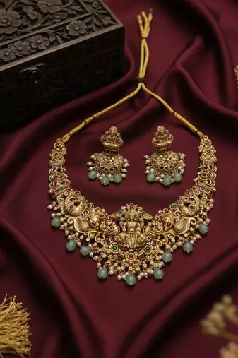 Handcrafted lakshmi temple jewellery set - antique gold plated Necklace :: & jhumka earrings for weddings