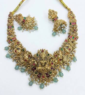 Handcrafted lakshmi temple jewellery set - antique gold plated Necklace :: & jhumka earrings for weddings 3