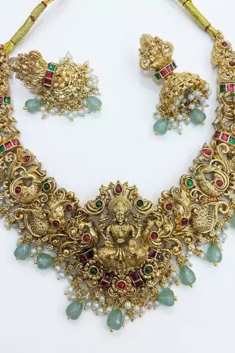 Handcrafted lakshmi temple jewellery set - antique gold plated Necklace :: & jhumka earrings for weddings