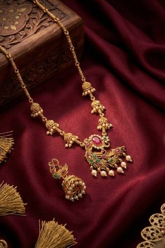 Traditional antique gold plated peacock necklace set with jhumka earrings ethnic indian jewelry for weddings & festivals
