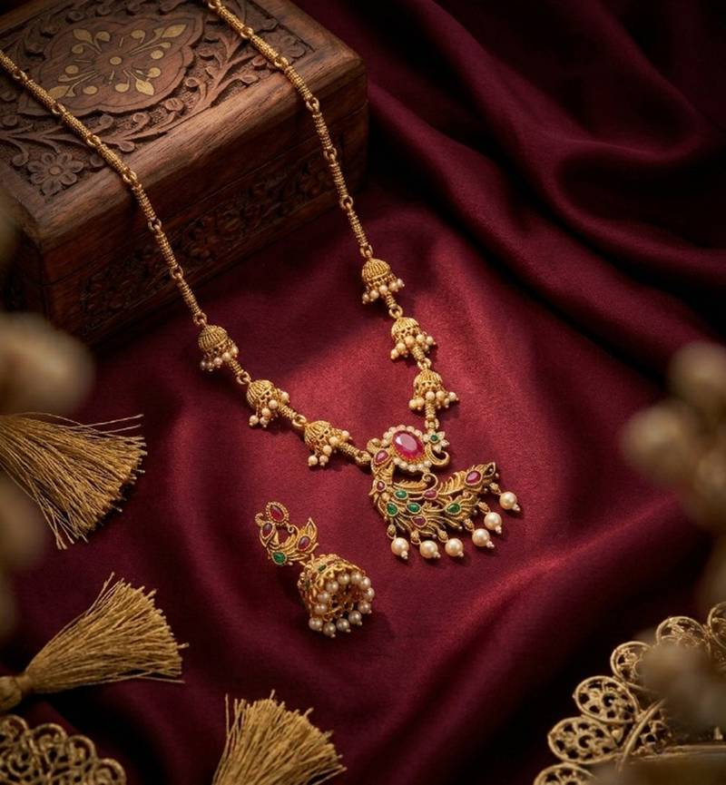 Traditional antique gold plated peacock necklace set with jhumka earrings ethnic indian jewelry for weddings & festivals