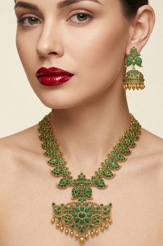 Elegant green matte gold-plated kemp mango haram necklace set with jhumkas