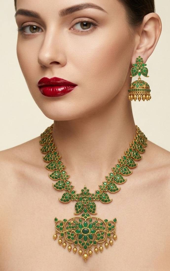 Elegant green matte gold-plated kemp mango haram necklace set with jhumkas