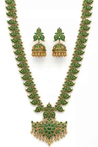 Elegant green matte gold-plated kemp mango haram Necklace :: set with jhumkas