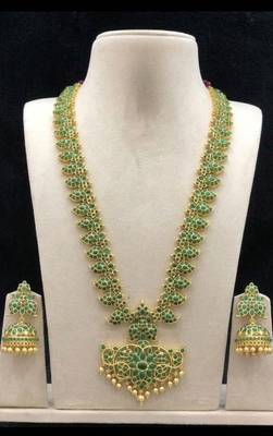 Elegant green matte gold-plated kemp mango haram Necklace :: set with jhumkas 4