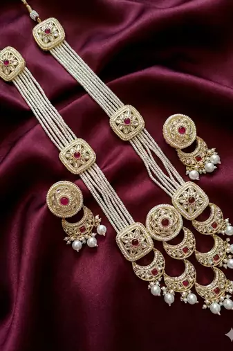 Handcrafted kundan & pearl long rani haar necklace set with earrings | traditional gold-plated ethnic wedding jewelry
