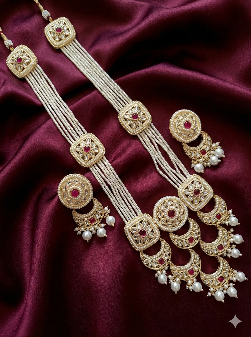 Handcrafted kundan & pearl long rani haar necklace set with earrings | traditional gold-plated ethnic wedding jewelry