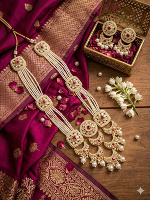 Handcrafted kundan & pearl long rani haar Necklace :: set with earrings | traditional gold-plated ethnic wedding jewelry 2