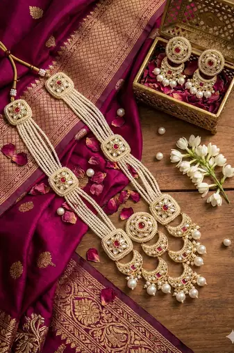 Handcrafted kundan & pearl long rani haar Necklace :: set with earrings | traditional gold-plated ethnic wedding jewelry