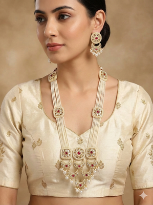 Handcrafted kundan & pearl long rani haar Necklace :: set with earrings | traditional gold-plated ethnic wedding jewelry 3
