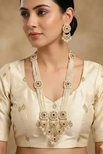 Handcrafted kundan & pearl long rani haar Necklace :: set with earrings | traditional gold-plated ethnic wedding jewelry
