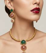 Handcrafted gold-plated ethnic Necklace :: set with green carved stones & red floral pendant - bridal wedding jewelry