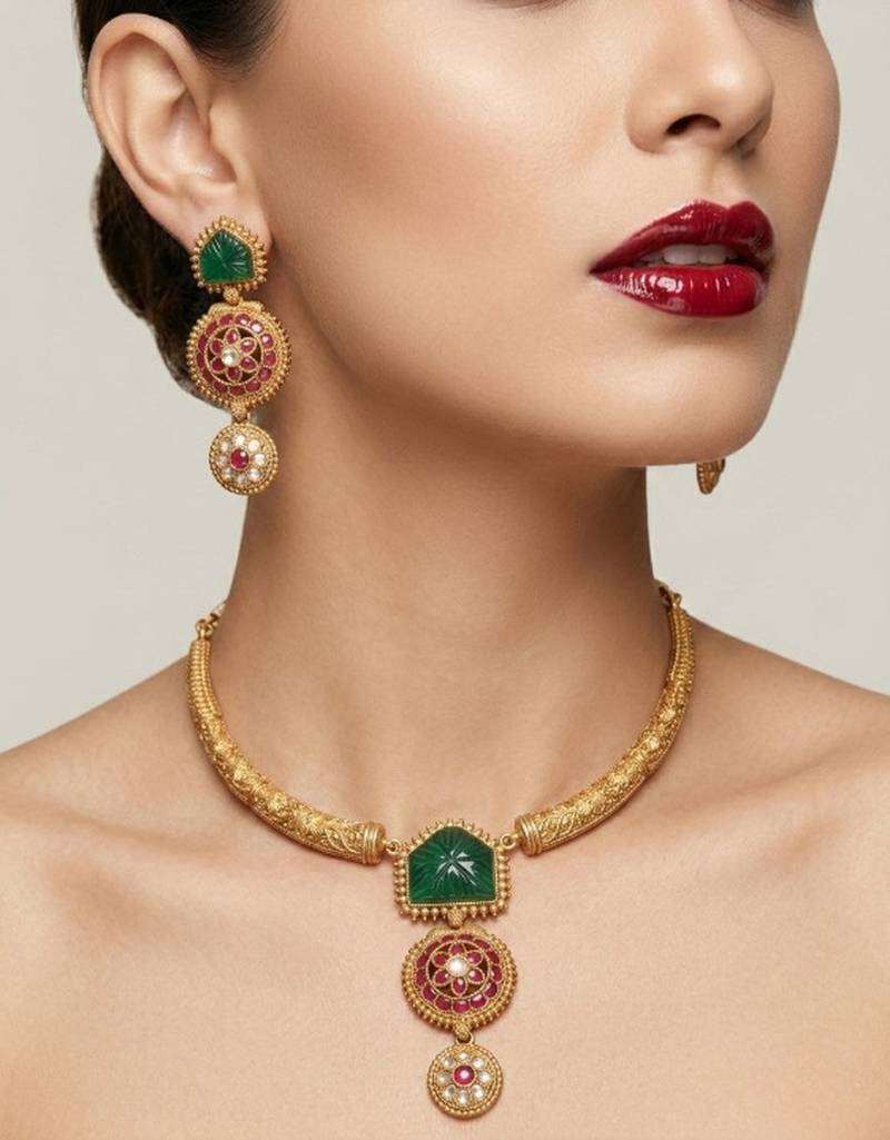 Handcrafted gold-plated ethnic necklace set with green carved stones & red floral pendant - bridal wedding jewelry