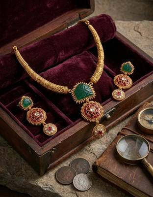 Handcrafted gold-plated ethnic Necklace :: set with green carved stones & red floral pendant - bridal wedding jewelry 2