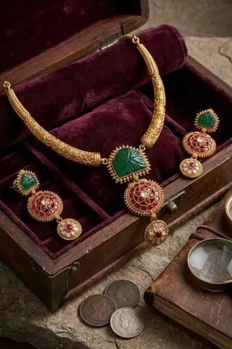 Handcrafted gold-plated ethnic Necklace :: set with green carved stones & red floral pendant - bridal wedding jewelry