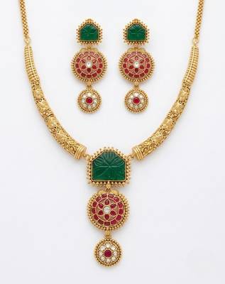 Handcrafted gold-plated ethnic Necklace :: set with green carved stones & red floral pendant - bridal wedding jewelry 3