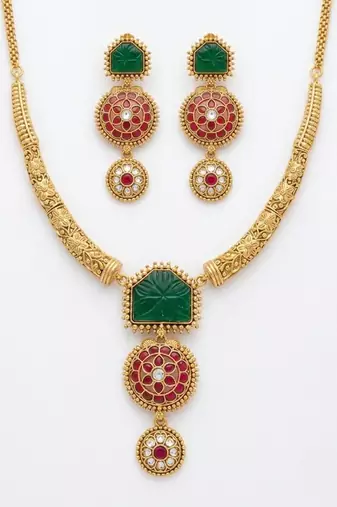 Handcrafted gold-plated ethnic Necklace :: set with green carved stones & red floral pendant - bridal wedding jewelry