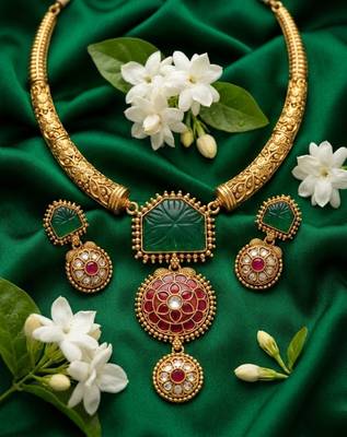 Handcrafted gold-plated ethnic Necklace :: set with green carved stones & red floral pendant - bridal wedding jewelry 4