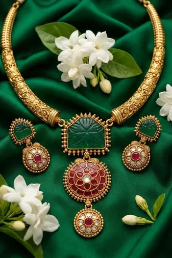 Handcrafted gold-plated ethnic Necklace :: set with green carved stones & red floral pendant - bridal wedding jewelry