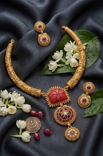 Handcrafted gold-plated ethnic necklace set with red carved stones & floral pendant - bridal wedding jewelry