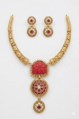 Handcrafted gold-plated ethnic Necklace :: set with red carved stones & floral pendant - bridal wedding jewelry 3