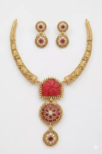 Handcrafted gold-plated ethnic Necklace :: set with red carved stones & floral pendant - bridal wedding jewelry