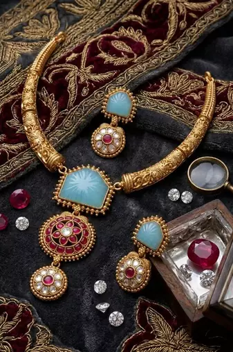 Handcrafted gold-plated ethnic necklace set with firozicarved stones & floral pendant - bridal wedding jewelry